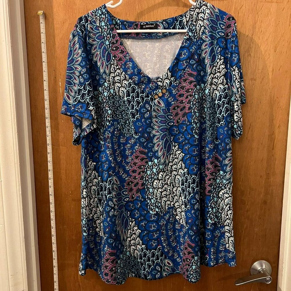 Size 3X - a. Jesdani - Short Sleeve Blue Tone Pullover Blouse